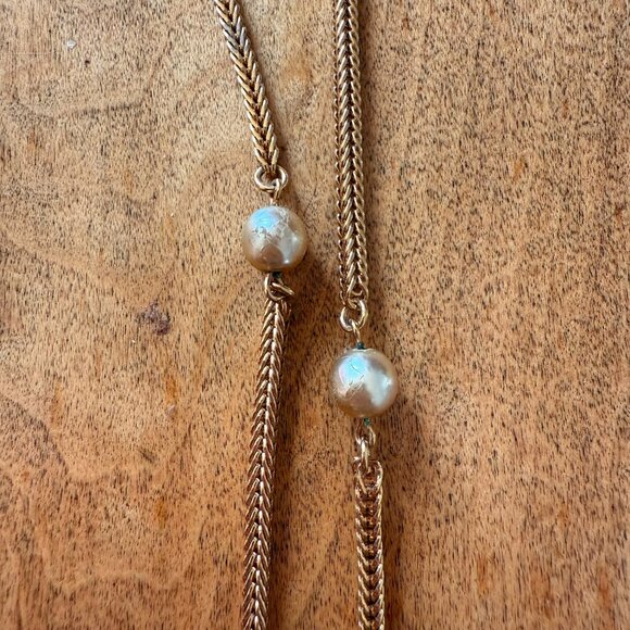 Costume Pearl & Gold Long Chain Necklace - Picture 5 of 6